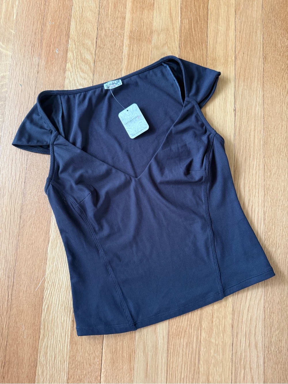 Free People Intimately Ribbed V-Neck Cap Sleeve Top Black S NWT